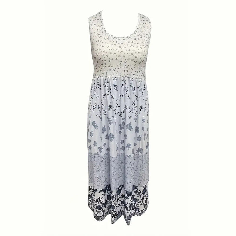 Women's Plus Size Boho Floral Dresses Sleeveless Tiered Pleated Swing Long Sundress