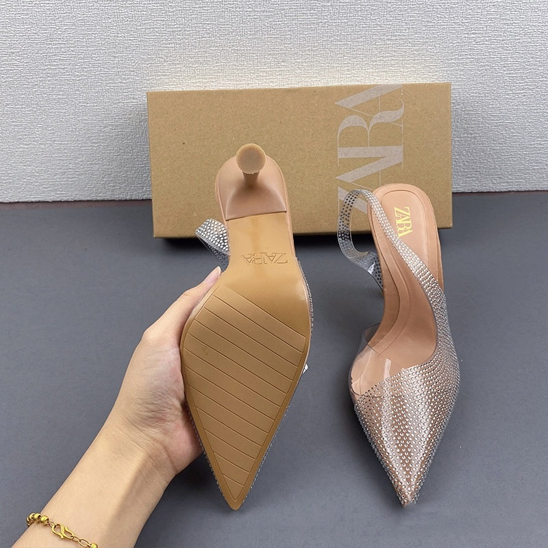 Natural Color Shiny Ornament Rhinestone Pointed Toe Low-cut High Heels