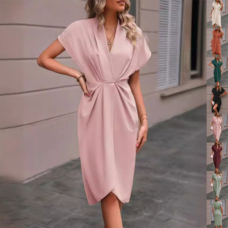 Batwing Sleeve Dress V-neck Short Sleeve Pleated Dresses