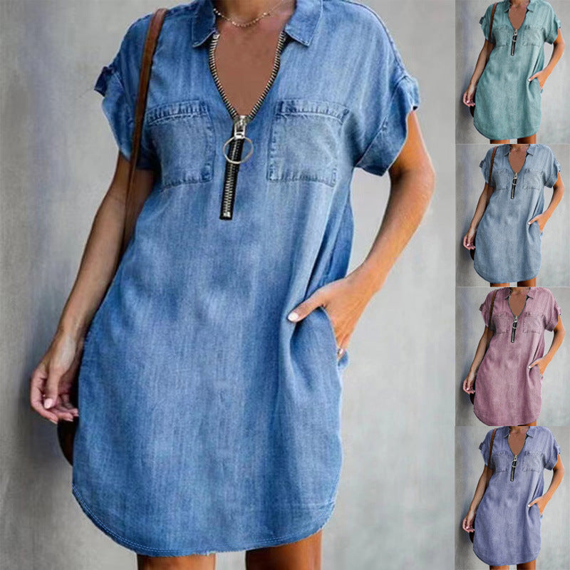 European And American Lapel Short Sleeve Loose Dress Denim Shirt