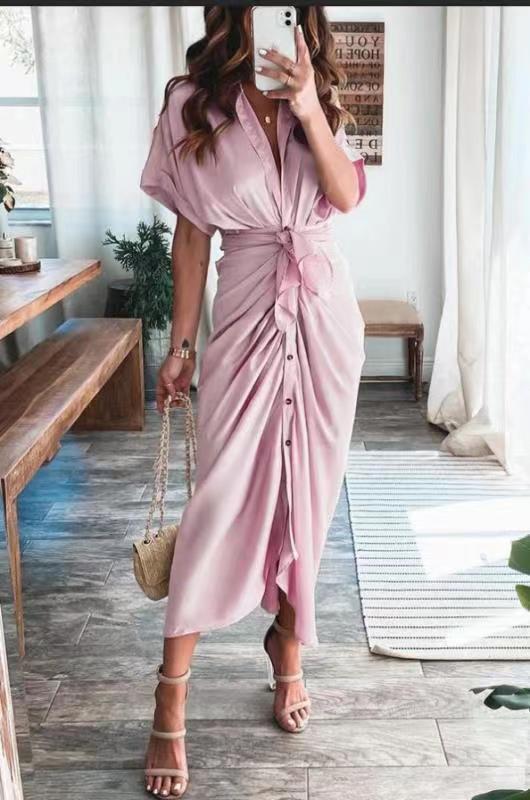 Short Sleeve Cuff Button down Collar V-neck Long Dress