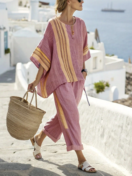 Loose Casual Vertical Stripes Ramie Bamboo Fiber Top