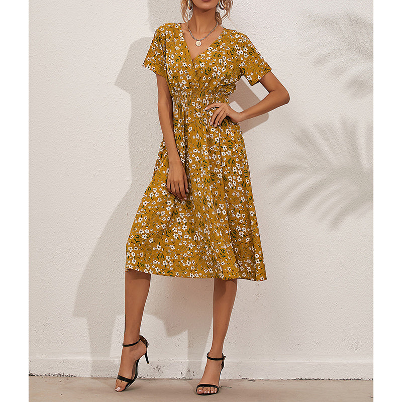 Boho V Neck Floral Print Short Sleeve Mini Dress Cute Smocked Waist Short Dress