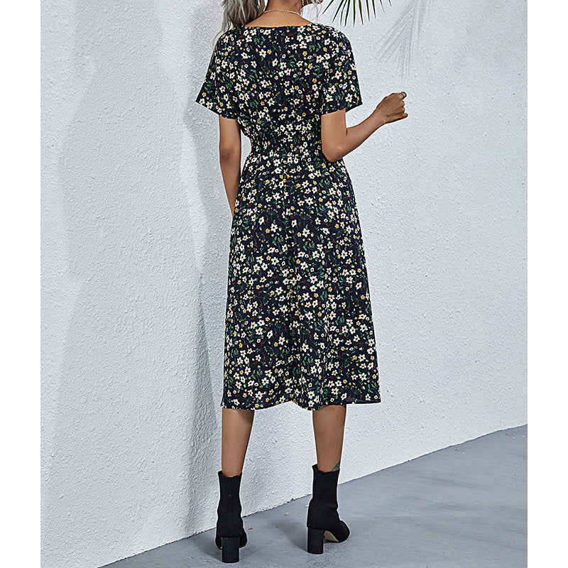 Boho V Neck Floral Print Short Sleeve Mini Dress Cute Smocked Waist Short Dress