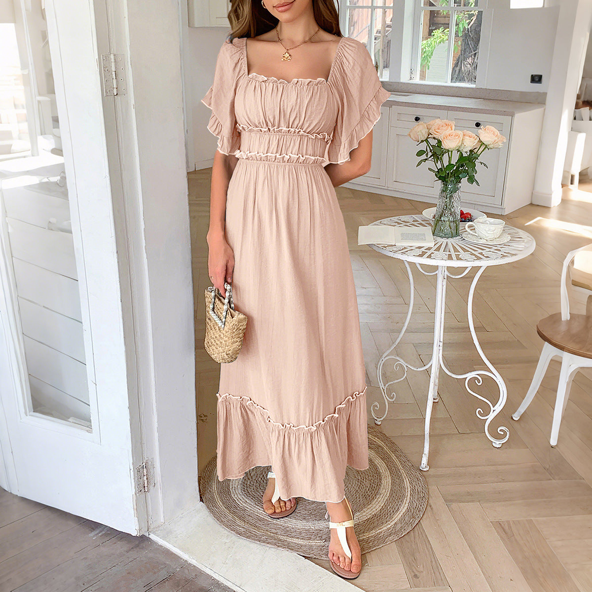 Leisure Vacation Style Stringy Selvedge Short Sleeve Dress