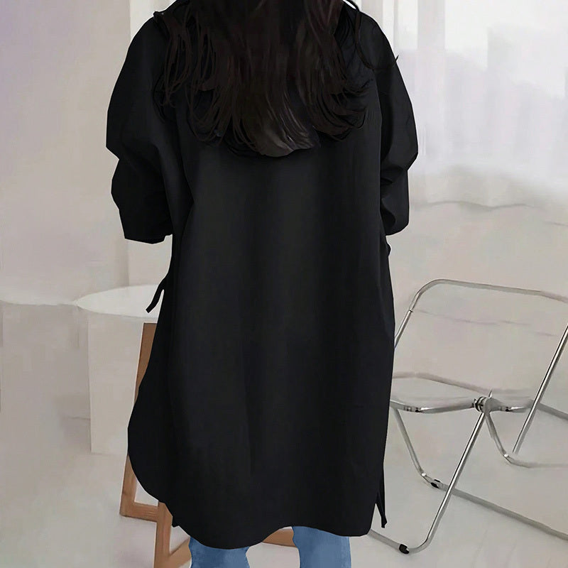 Women's Casual Loose-Fit Long Sleeve Shirt - Side Slit Tie Detail Button-Down Blouse, Solid Color Spring&Fall Top