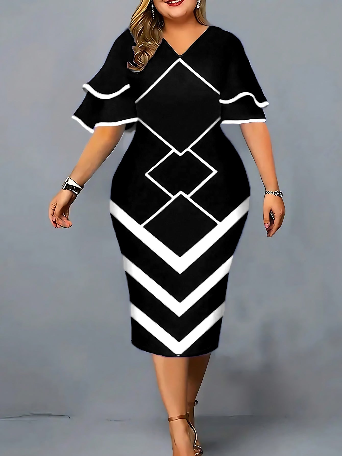 Printed Fashionable Elegant Slim-fit Sheath Plus Size Dress