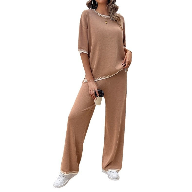 Casual Loose Contrast Color Knitted T-shirt Blouse And Pants 2-piece Set