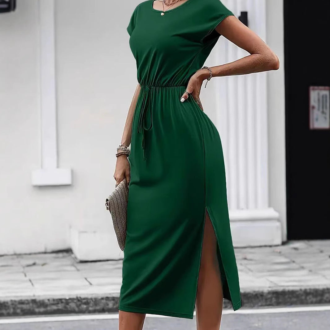 Casual Cinched Waist Slim-fit Round Neck Short Sleeve Dress