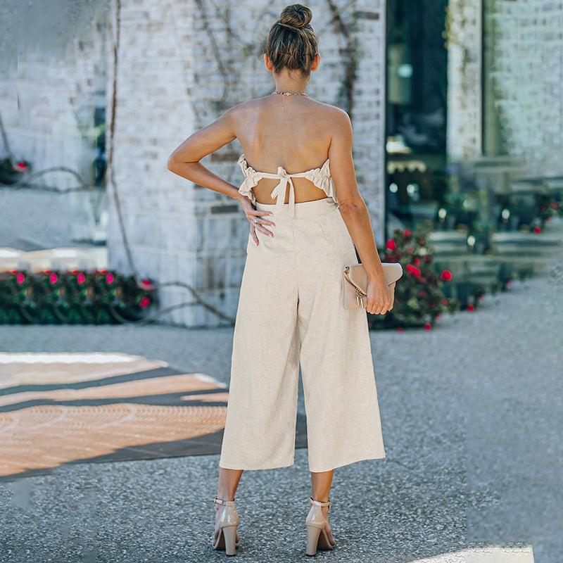 Sleeveless Pleated One-piece Ankle-length Pants