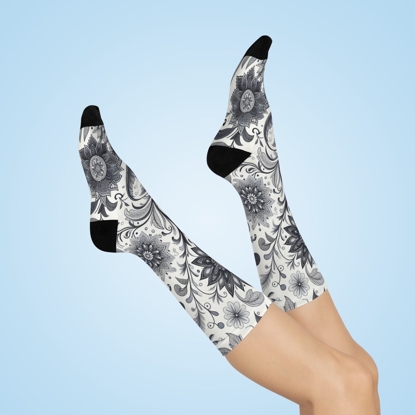 Floral Pattern Cushioned Crew Socks, Cozy Footwear for Relaxation, Gifts for Her, Everyday Comfort Socks, Unique Sock Design