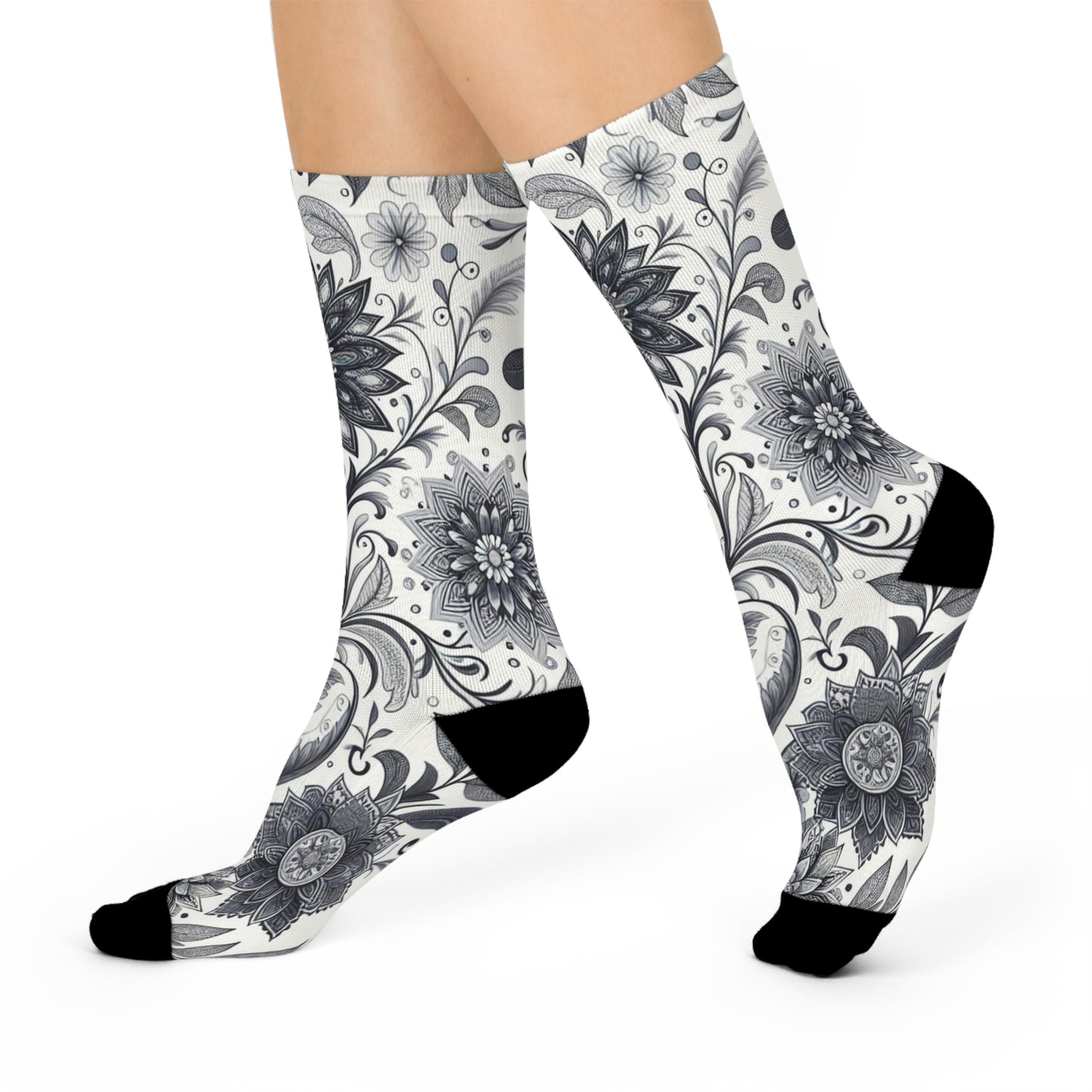 Floral Pattern Cushioned Crew Socks, Cozy Footwear for Relaxation, Gifts for Her, Everyday Comfort Socks, Unique Sock Design