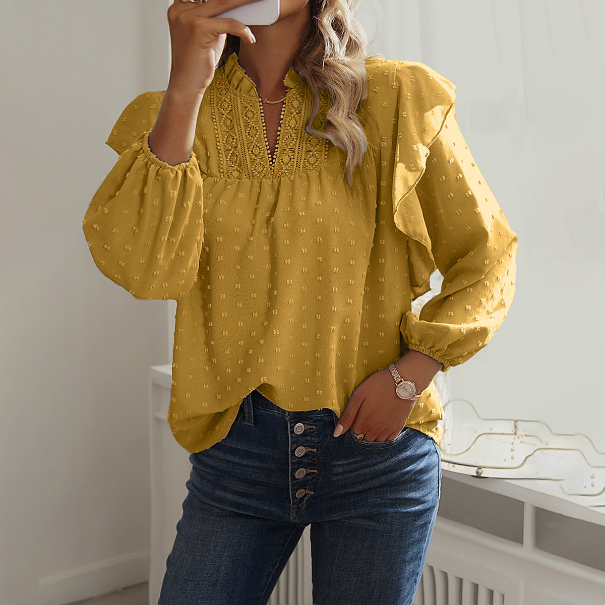 Spring And Summer Ruffled Lantern Sleeves Lace Stitching Blouse
