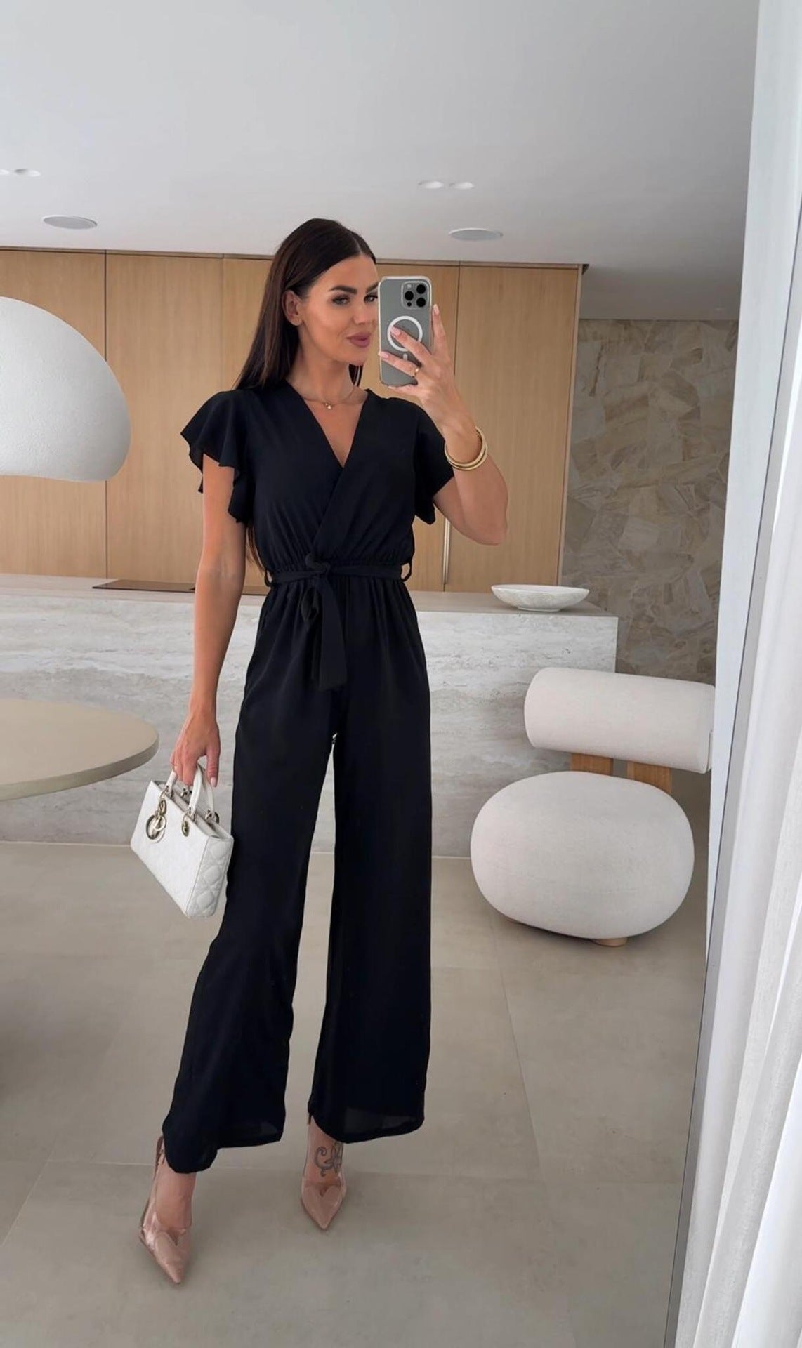 Summer Women Clothing V neck Waist Controlled Lace up Solid Color Jumpsuit Trousers