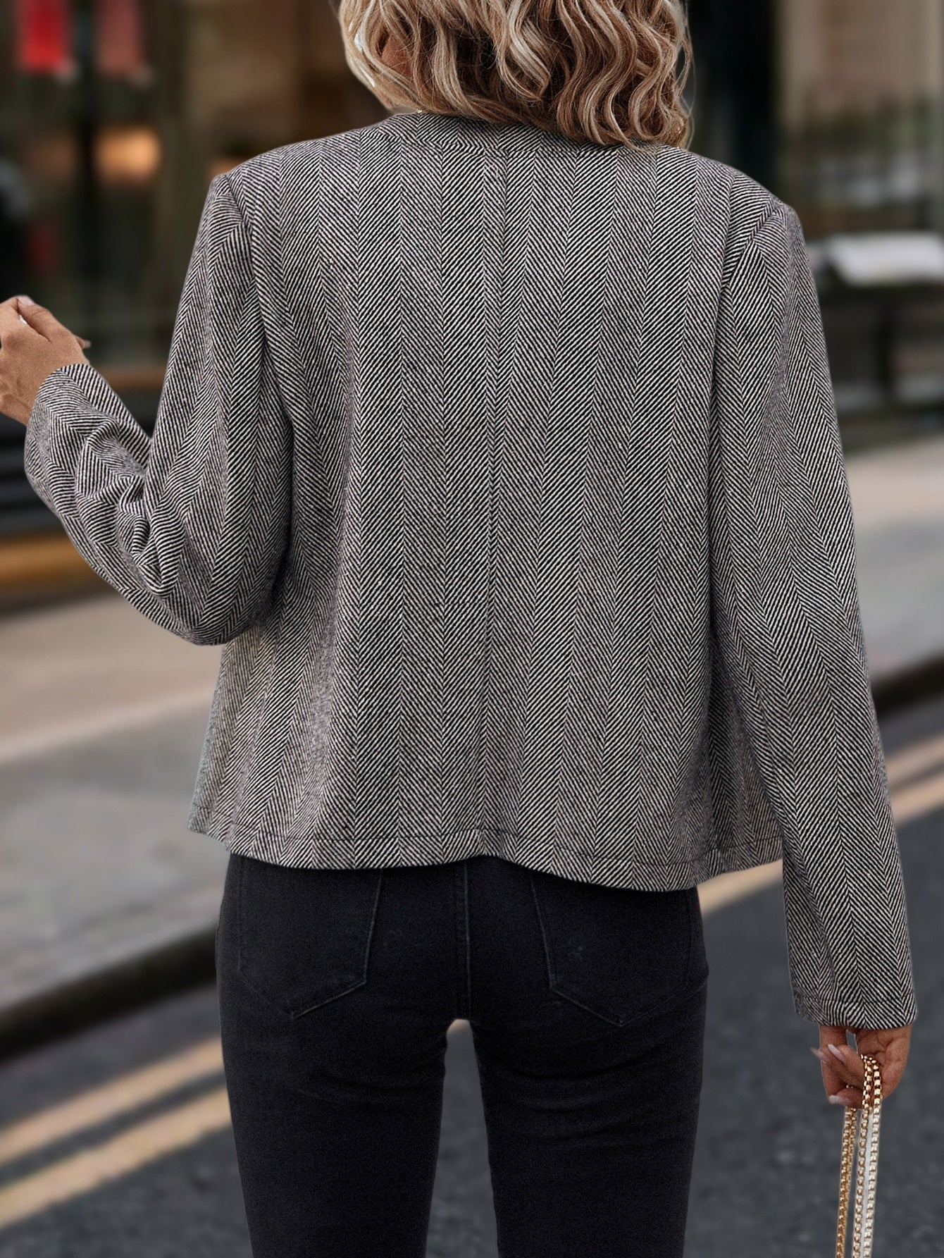 Herringbone Coat, Round Neck Long Sleeve Slim Jacket, Double-breasted Metal Buttons,
