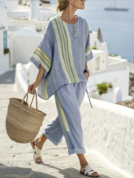 Loose Casual Vertical Stripes Ramie Bamboo Fiber Top