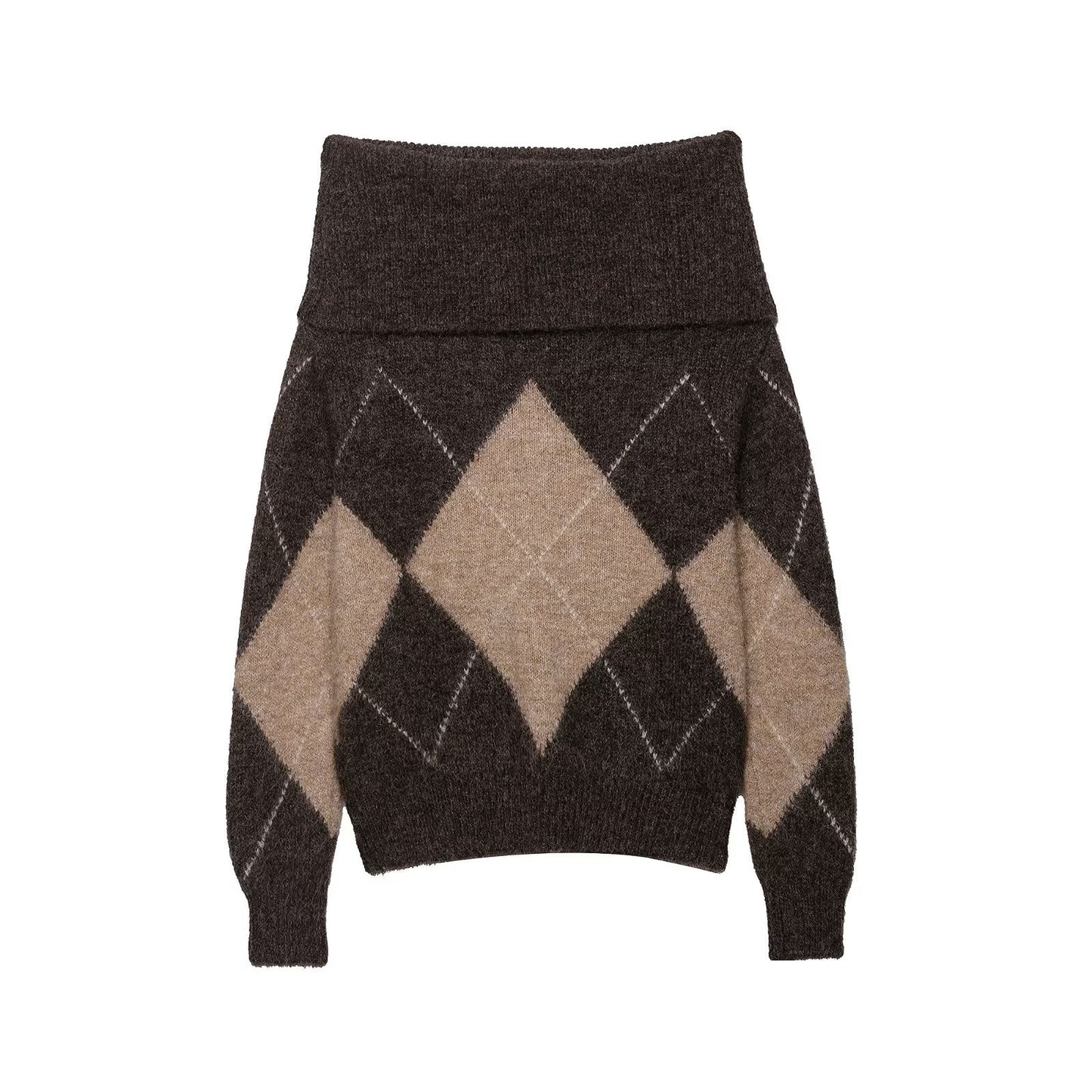 Early Autumn Women Clothing Commuting Casual All Matching Pullover Diamond Pattern Shoulder Baring Sweater Sweater