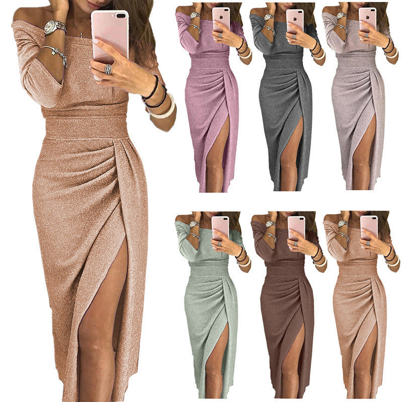 Bodycon Off Shoulder Party Dinner sequin Dress Elegant Long-sleeved