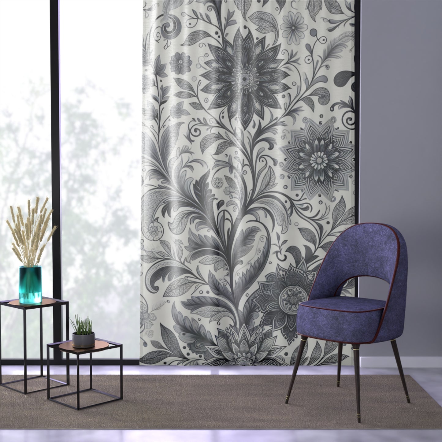 Elegant Floral Window Curtain, Black and White Decor, Home Accessories, Living Room Drapes, Bedroom Curtains, Modern and Chic