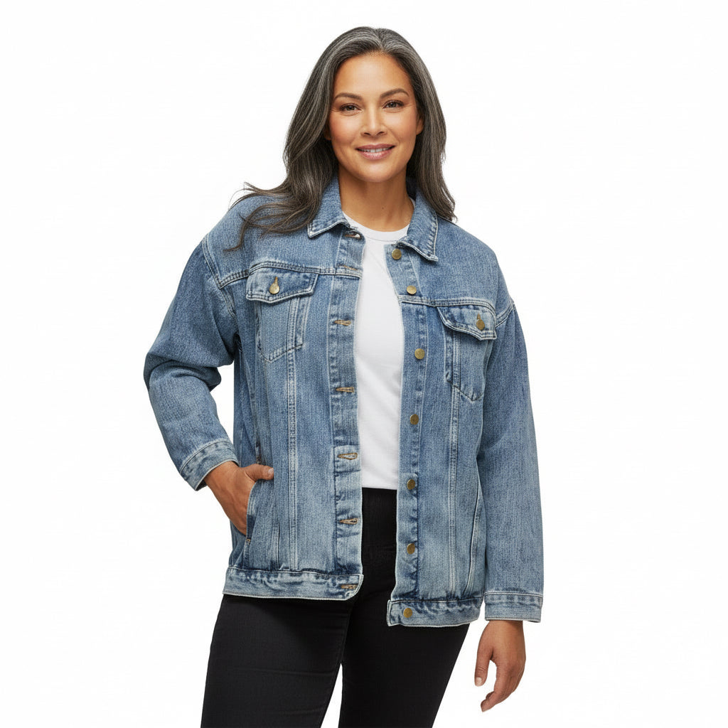 Denim Jacket — Women's Oversized Jean Jacket with 'Smokin Gray' Back Print