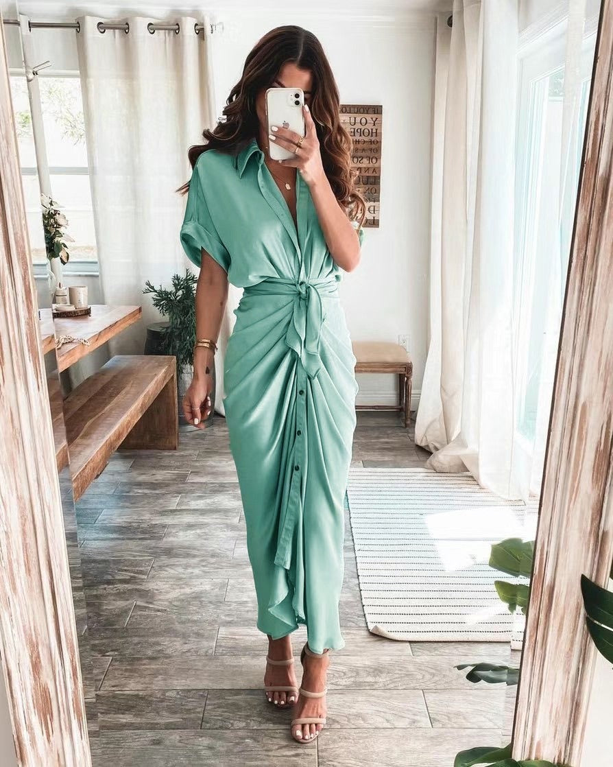 Short Sleeve Cuff Button down Collar V-neck Long Dress