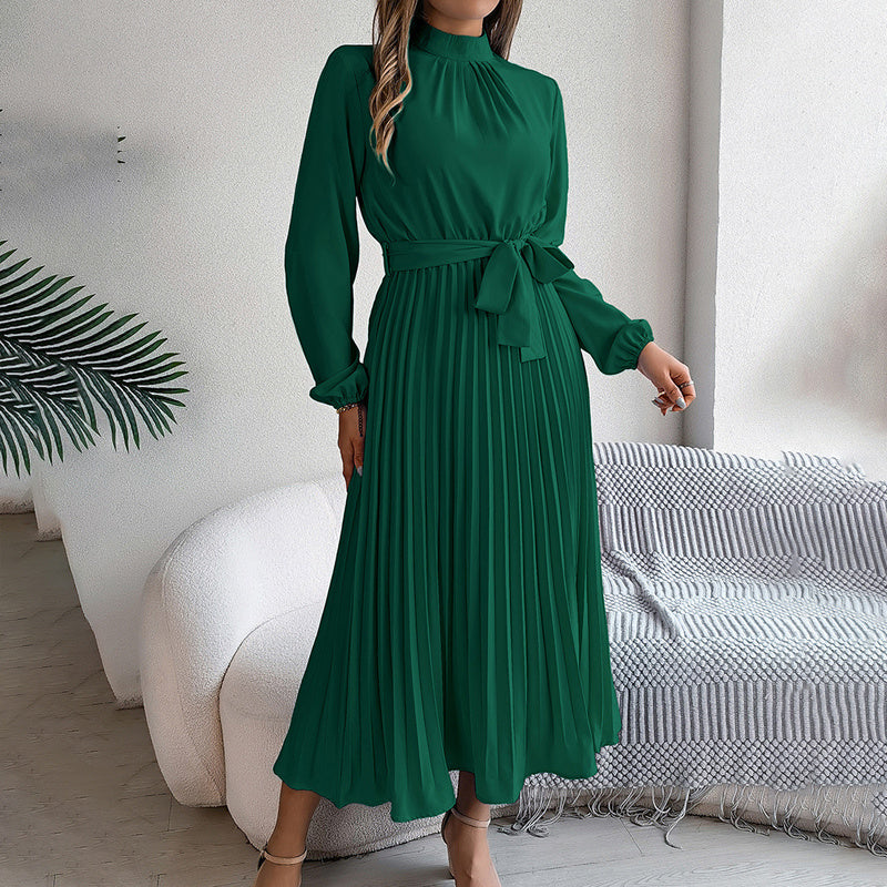 Elegant High Neck Long Sleeve Pleated Maxi Dress - Solid Color Flowy Dress For Women, Casual To Formal Wear