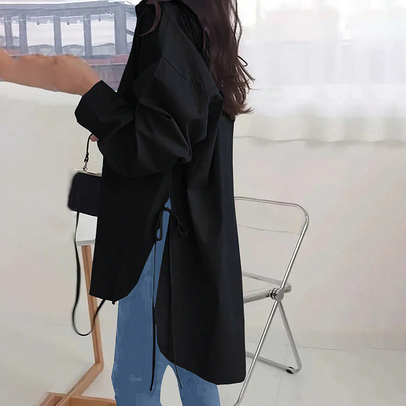 Women's Casual Loose-Fit Long Sleeve Shirt - Side Slit Tie Detail Button-Down Blouse, Solid Color Spring&Fall Top