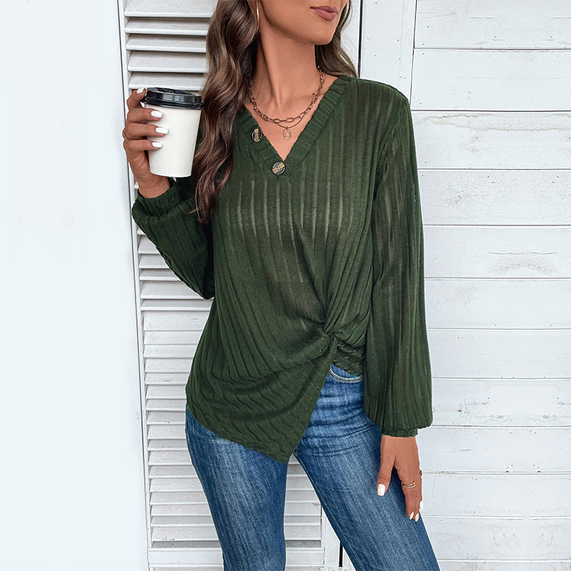 Fall V-neck Women's Top Texture Sunken Stripe Long-sleeved Sweater