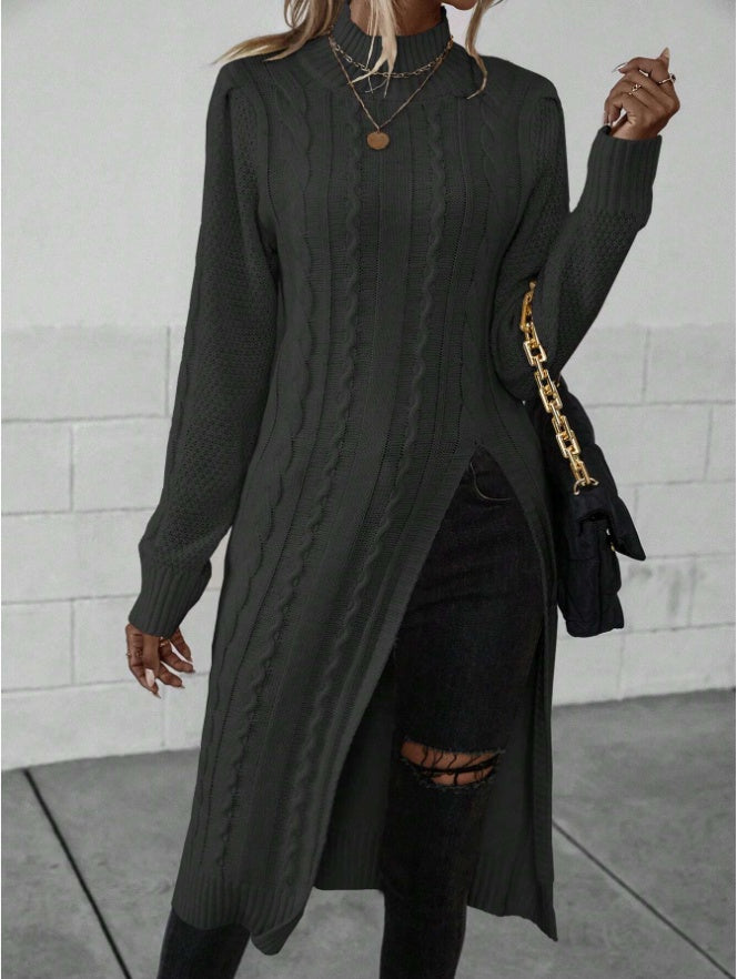 Women Crew Neck Long Sleeve Split Hem Minimalist Sweater