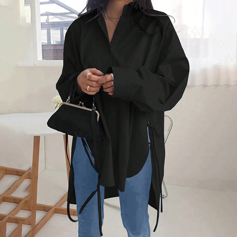 Women's Casual Loose-Fit Long Sleeve Shirt - Side Slit Tie Detail Button-Down Blouse, Solid Color Spring&Fall Top