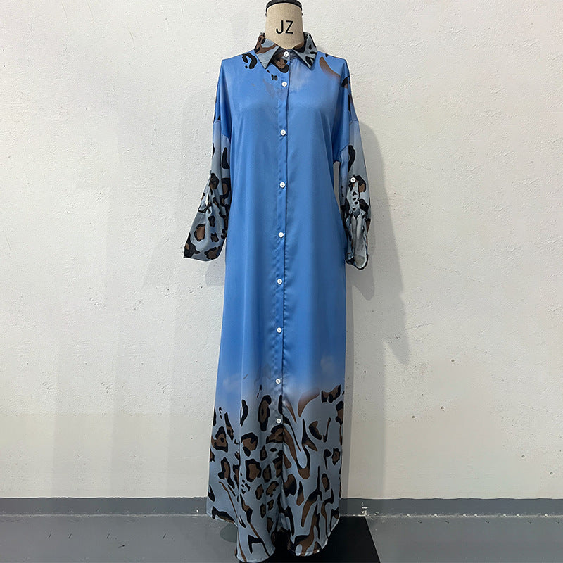Printed Long Sleeve High Waist Temperament Vintage Robe Dress