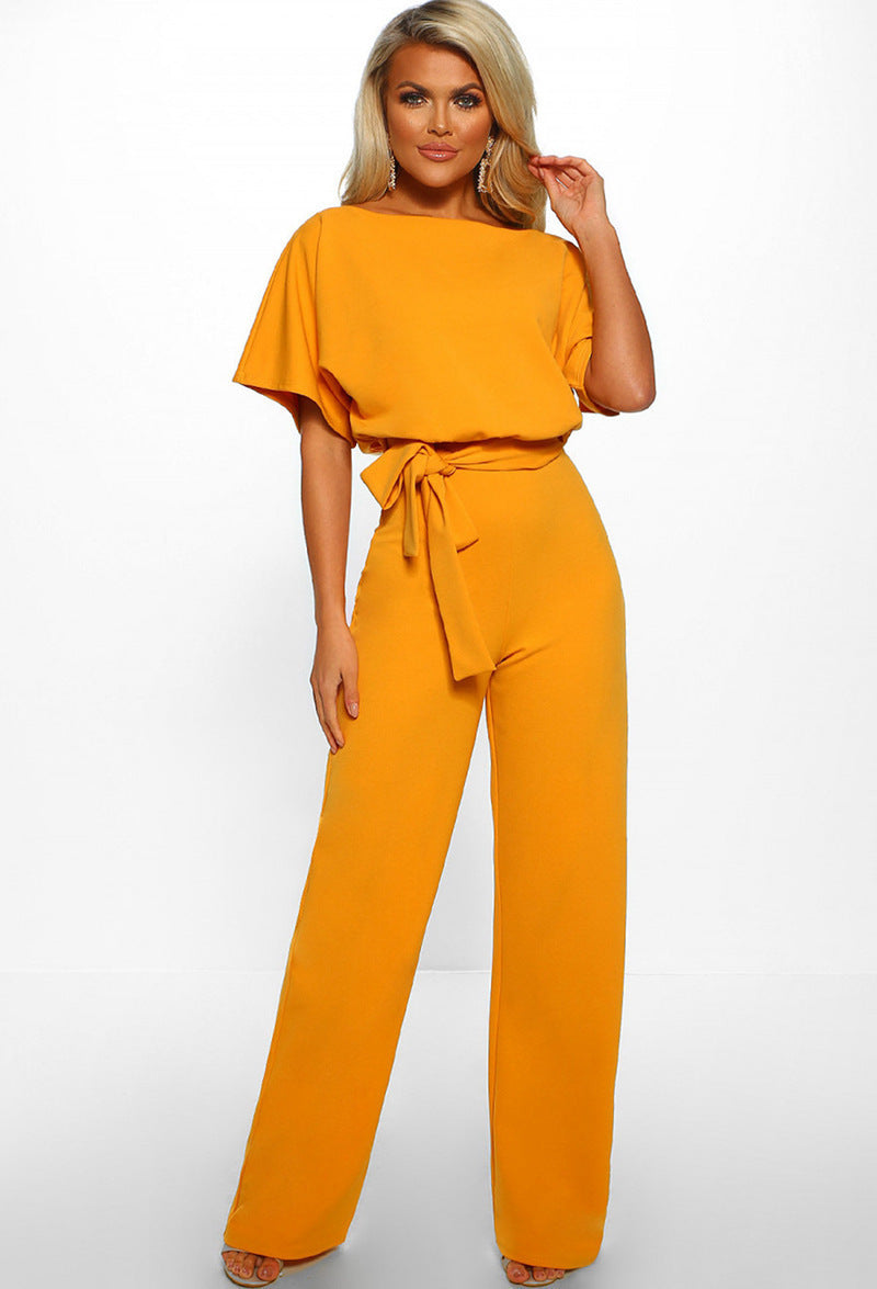 Tie-up Button Short-sleeved Women's Jumpsuit