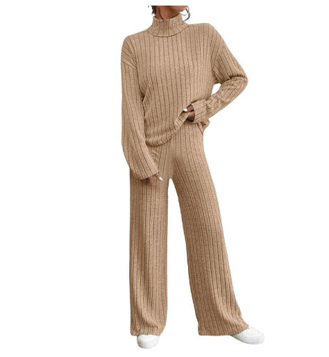 r Leisure Turtleneck Knitting Long-sleeve Suit Women's Sweater Loose Trousers Two-piece Set