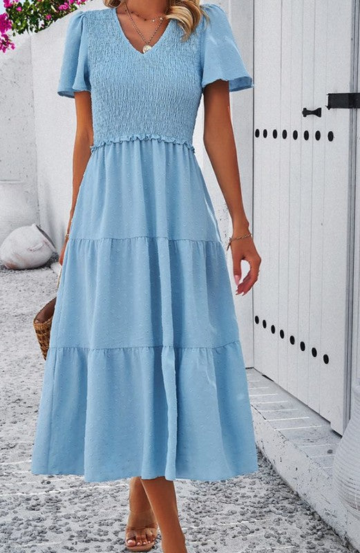 Dotted Smocked Midi Dress