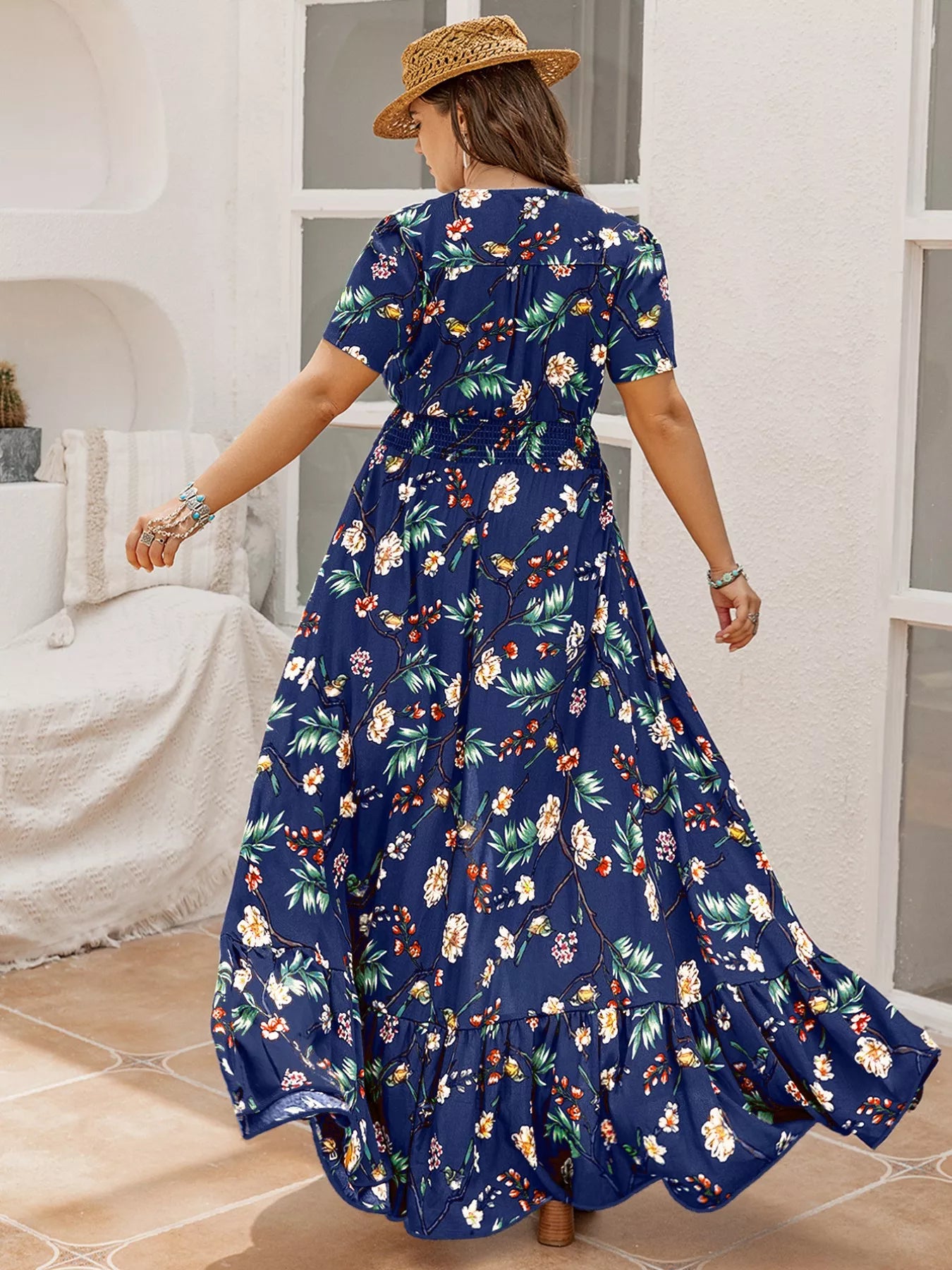 Plus Size Floral V Neck Short Sleeve Maxi Dress