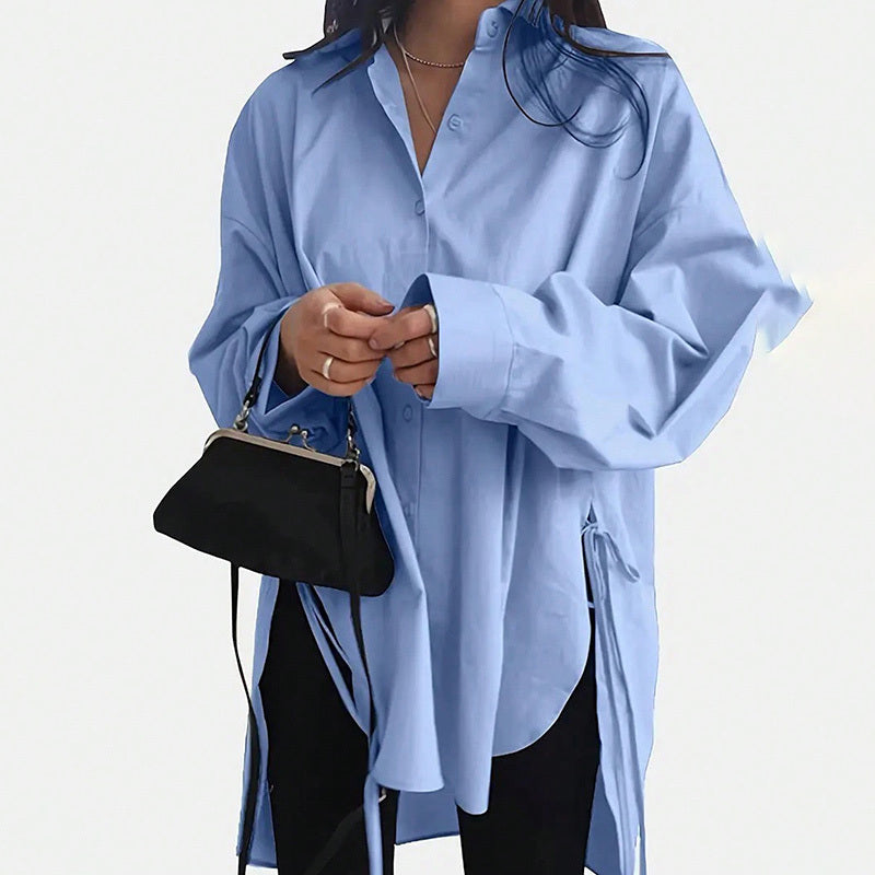 Women's Casual Loose-Fit Long Sleeve Shirt - Side Slit Tie Detail Button-Down Blouse, Solid Color Spring&Fall Top