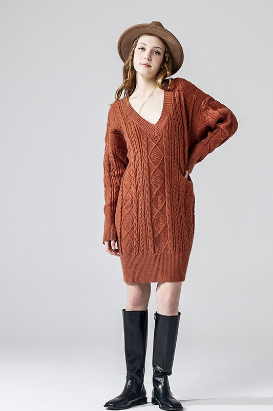 Plus V-Neck Ribbed Hem Cable Knit Sweater Dress