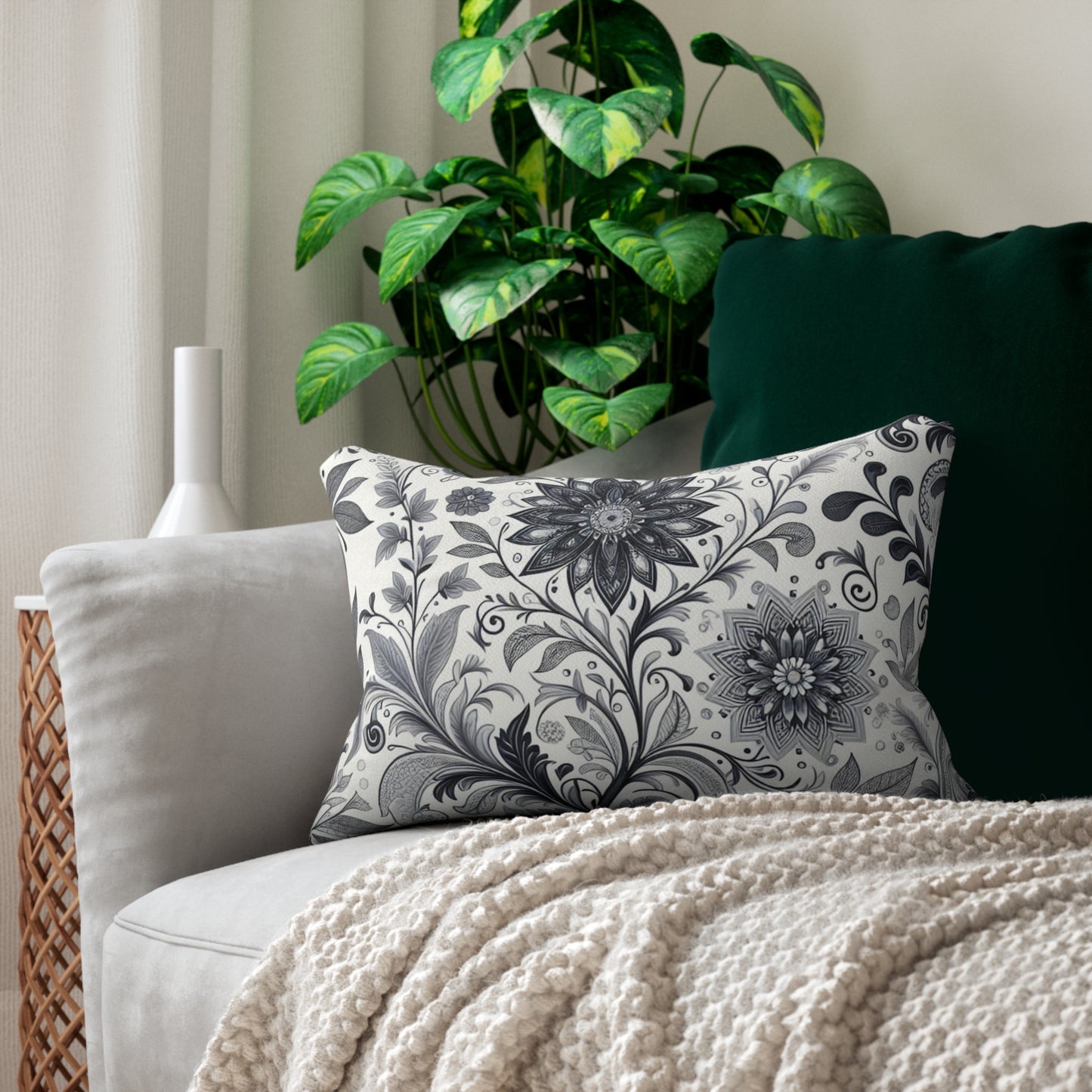 Floral Scroll Lumbar Pillow — Black & White Decorative Accent