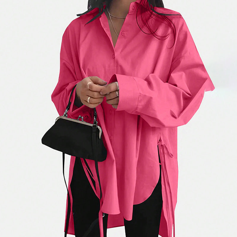 Women's Casual Loose-Fit Long Sleeve Shirt - Side Slit Tie Detail Button-Down Blouse, Solid Color Spring&Fall Top