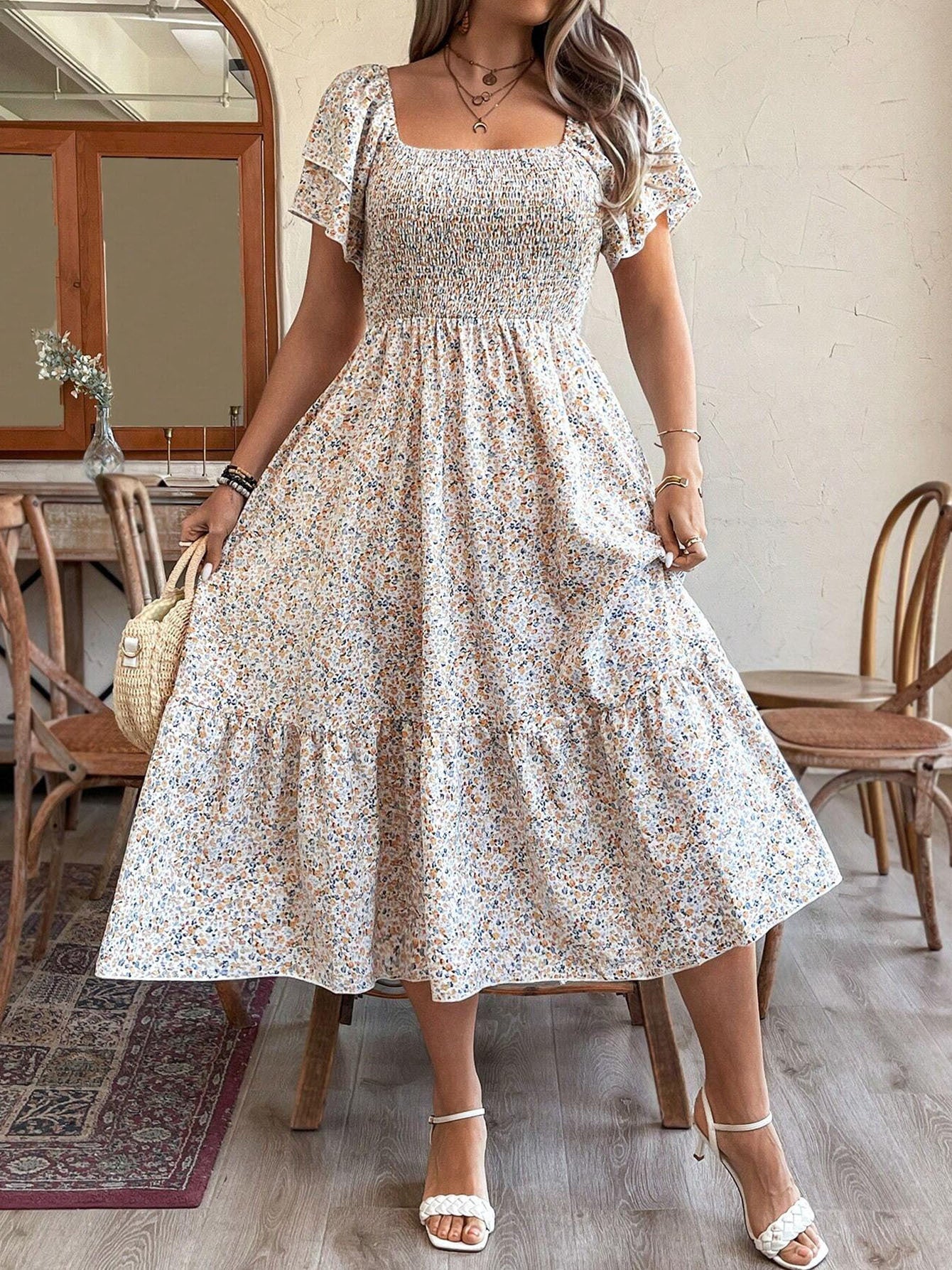 Women's Plus Size Backless Midi Dress For Summer Party - Elegant Pleated Printed Dress