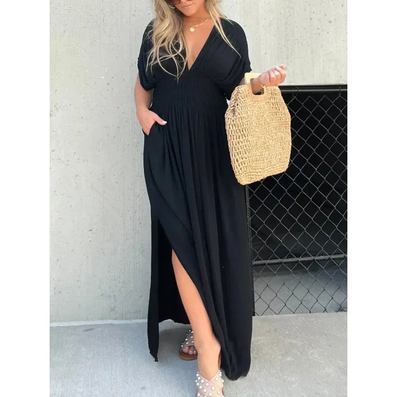 Bat-sleeved V-neck Slit Elastic Waist Long Dress