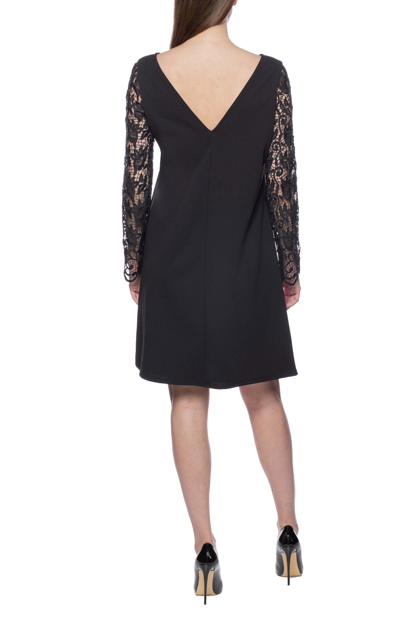 Marina Boat Neck Long Lace Sleeves V-Back Short Crepe Dress
