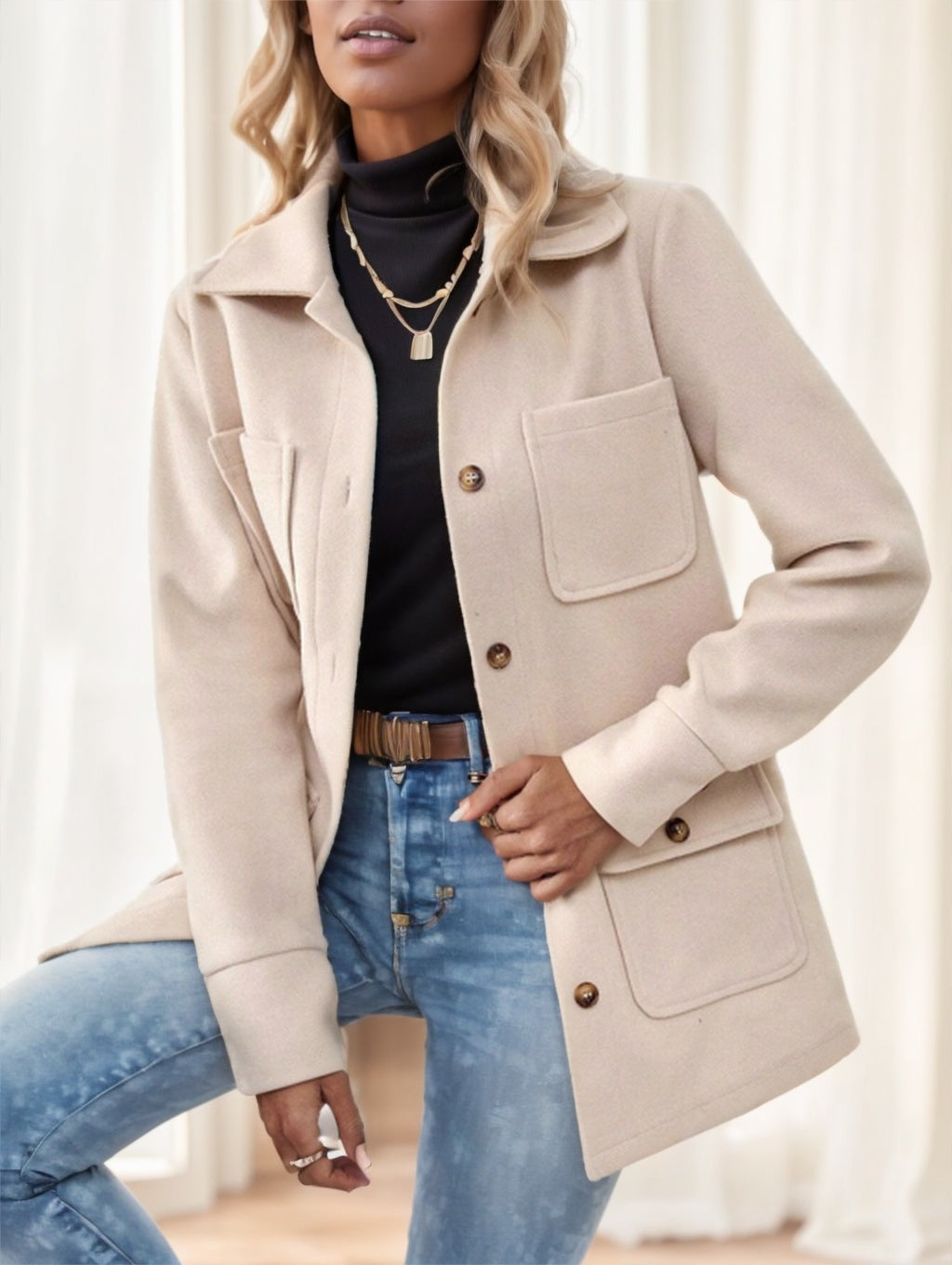 Casual Solid Color Multi-Pocket Jacket, Versatile For Autumn Winter