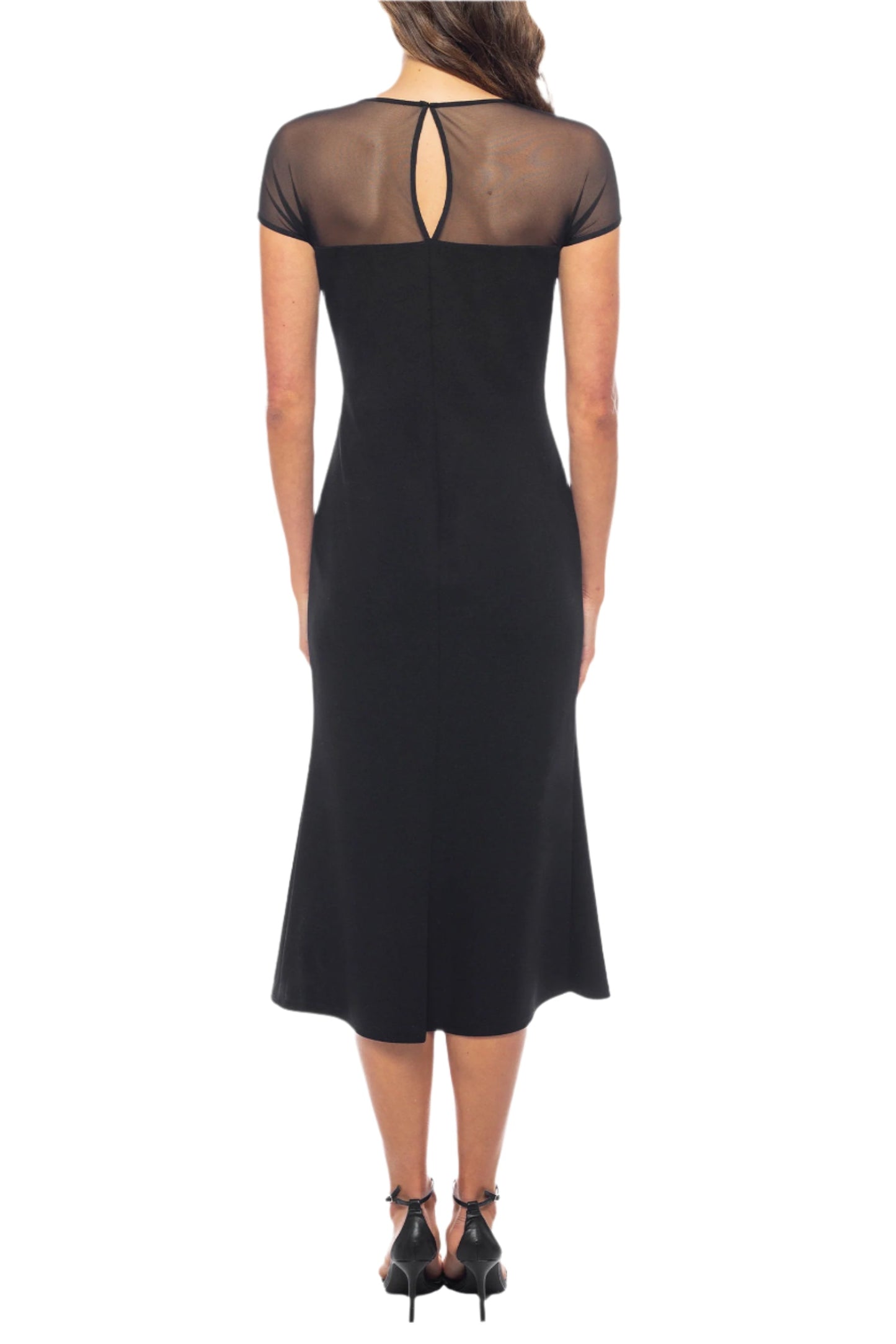 Marina Boat Neck Cap Sleeves Scuba Crepe Illusion Midi Bodice Dress