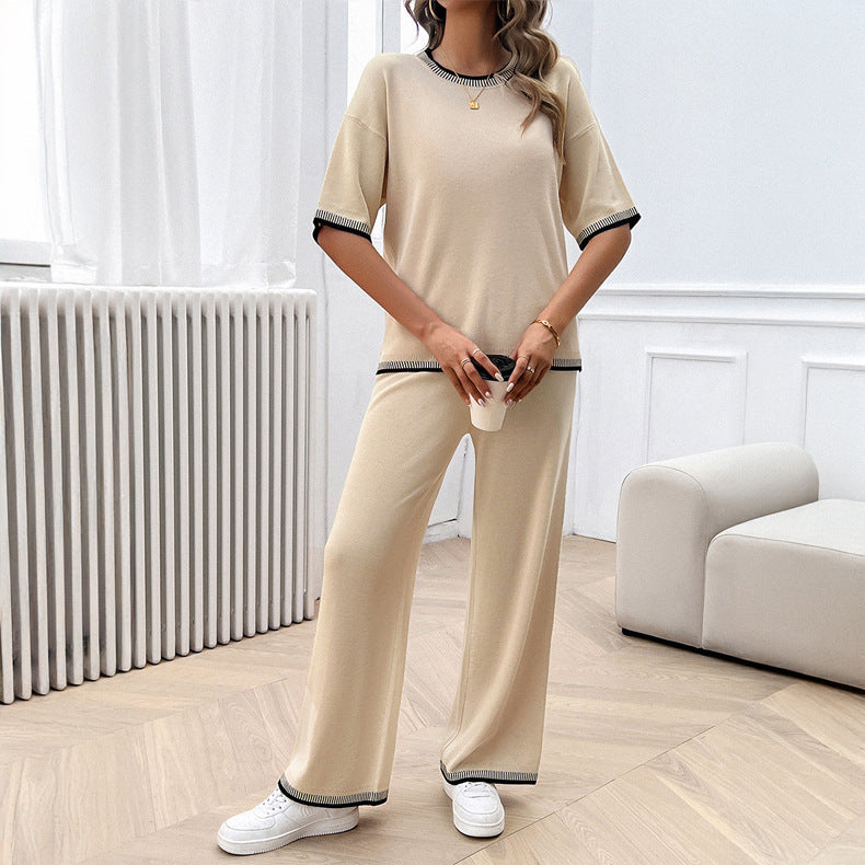 Casual Loose Contrast Color Knitted T-shirt Blouse And Pants 2-piece Set