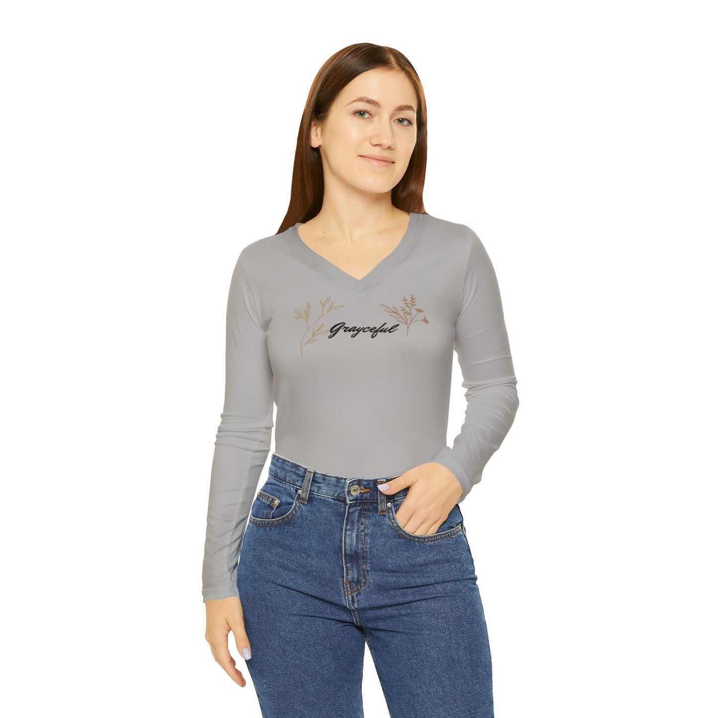 Grayceful Floral Long Sleeve V-neck Shirt for Women, Cozy Casual Wear, Gift for