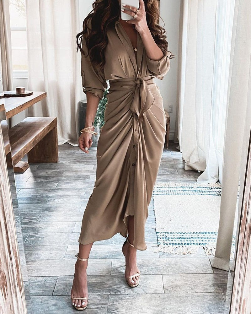 Short Sleeve Cuff Button down Collar V-neck Long Dress