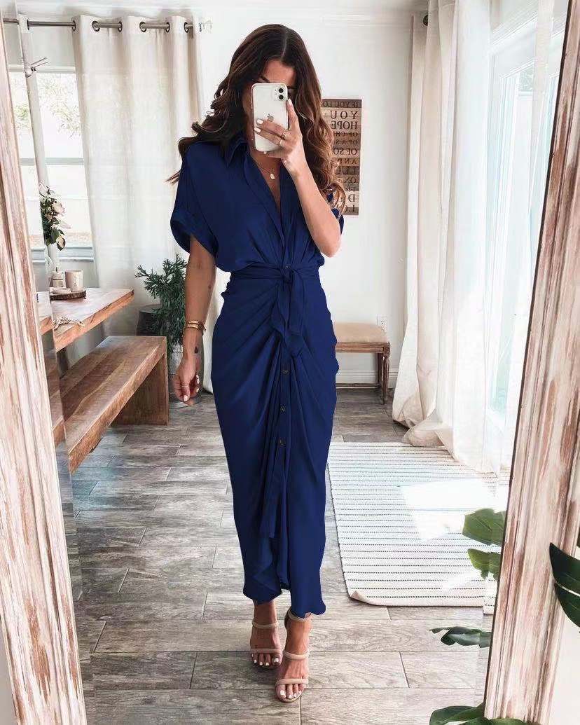 Short Sleeve Cuff Button down Collar V-neck Long Dress