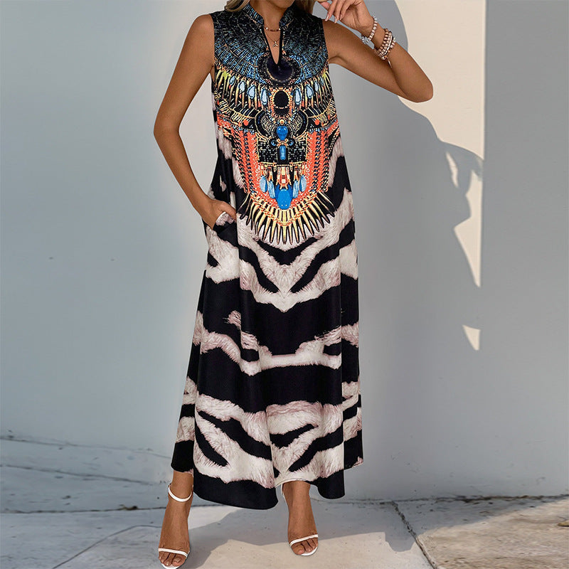 Stand Collar Sleeveless Zebra Print Dress