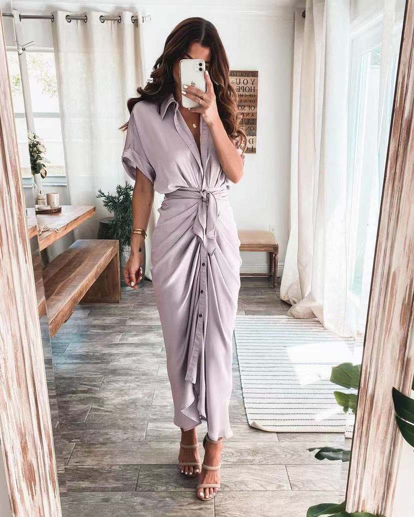 Short Sleeve Cuff Button down Collar V-neck Long Dress